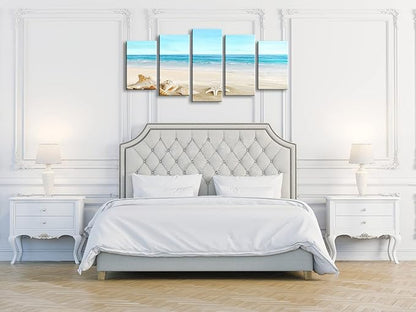 Pyradecor Seashell 5 panels Seascape Canvas Prints Landscape Pictures Paintings Modern Stretched Canvas Wall Art Sea Beach Pictures Artwork for Home Decor