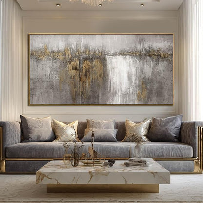 Neutral Canvas Arts Gold Wall Art Decor Framed Abstract Pictures Grey Prints Artwork for Living Room Bedroom Dining Room Home Office Decor 29”x58”