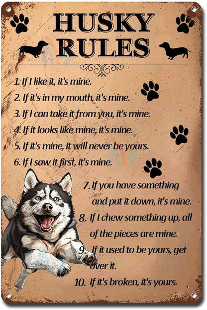 Metal Sign Tin Sign Vintage Wall Art Husky Rules Bathroom Signs for Home for Pub 12×16 Inches