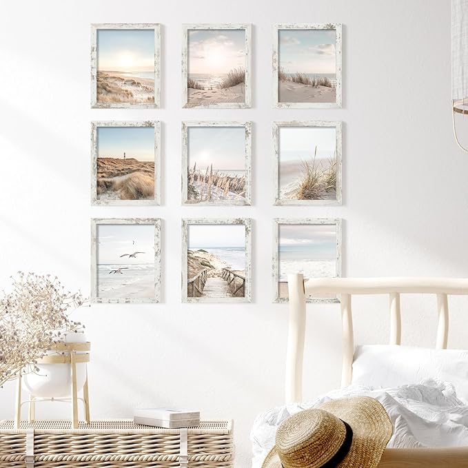 YESKAY 8x10 Picture Frame Set of 9, Display Pictures 5x7 with Mat or 8 x 10 Without Mat, Multi Photo Frames for Wall Mounting or Table Top Display, Distressed White