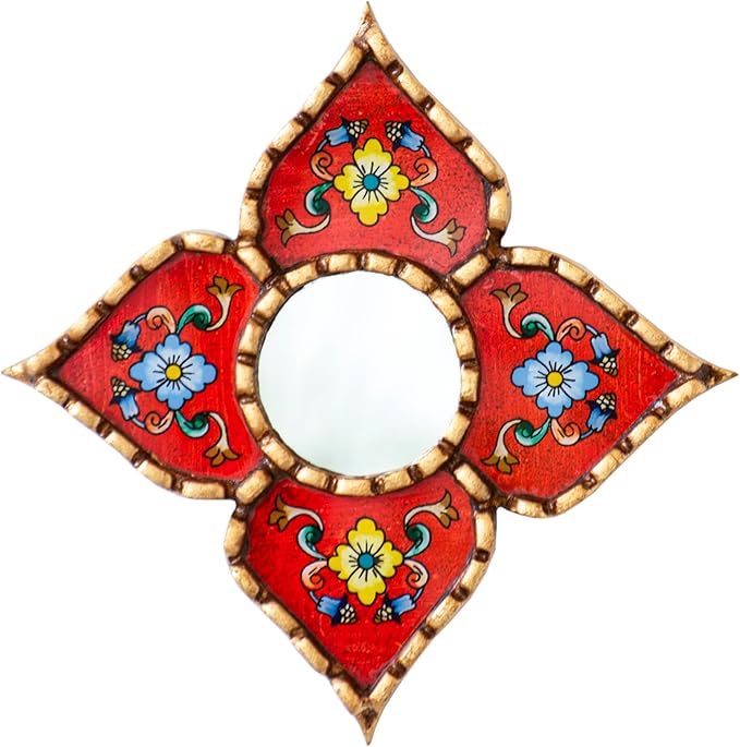 Handmade Peruvian Mirror - Reverse Painted Glass Mirror - Square or Diamond Shaped Wall Mirror with Bronze Leaf - Small Mirrors for Gallery Wall (Red)