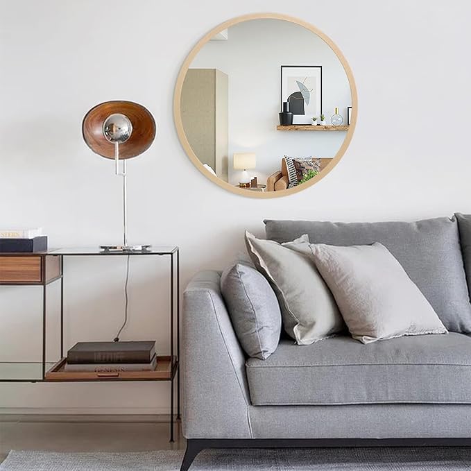 JJUUYOU Large Round Mirrors for Wall Circular Mirror for Bathroom 24 Inc Wood Framed Round Mirror for Bathroom Make up Mirror for Living Room Wall Mounted Bedroom Dorm