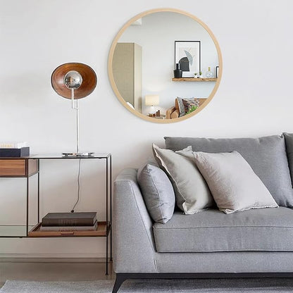 JJUUYOU Large Round Mirrors for Wall Circular Mirror for Bathroom 24 Inc Wood Framed Round Mirror for Bathroom Make up Mirror for Living Room Wall Mounted Bedroom Dorm