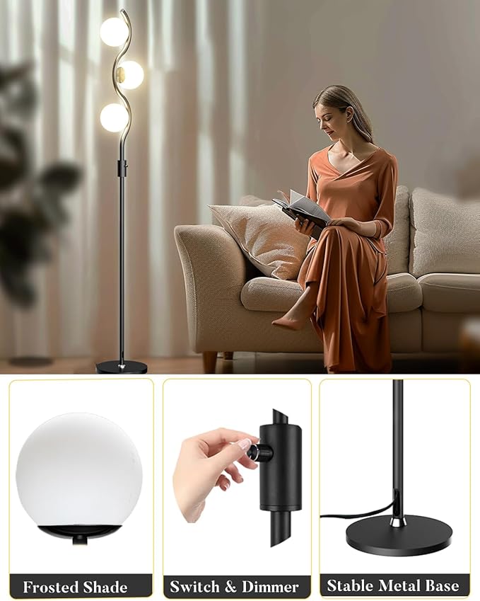 Lightdot 60IN Dimmable Black Floor Lamp Mid Century Standing Lamps with 3Pcs Warm White Bulbs Included Brightness Adjustable Modern Tall Lamp with 5Lbs Heavy Base for Bedroom/Sofa Beside/Corner Decor