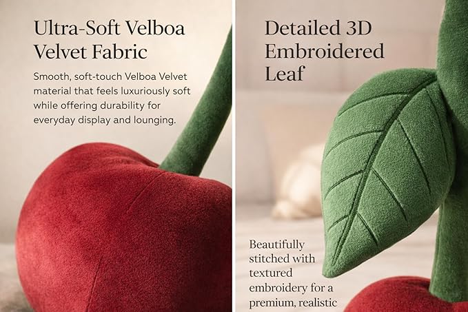 Cherry Pillow for Preppy Room Decor –17x14 In 3D Decorative Cherry Throw Pillow in Luxe Velvet –Shape Hold Fill Fruit Cushion with Sculpted Stem & Embroidered Leaf for Sofa & Aesthetic Home Decor ,Red