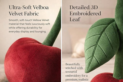Cherry Pillow for Preppy Room Decor –17x14 In 3D Decorative Cherry Throw Pillow in Luxe Velvet –Shape Hold Fill Fruit Cushion with Sculpted Stem & Embroidered Leaf for Sofa & Aesthetic Home Decor ,Red