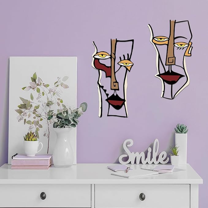 ESTART 2 Pieces Abstract Faces Metal Wall Decor, Modern Minimalist Single Line Geometric Hanging Wall Art, Colorful Metal Wall Sculptures for Home Living Room Bedroom Bathroom Kitchen, 24x15.7 IN