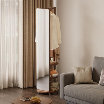 WoodsWhisper Full Length Mirror Coat Rack Solid Wood Floor Mirror 66"x12" Full Length Mirror with Stand Long Mirrors for Bedroom,Living Room (Walnut-Mobile, 66" Lx12 W)