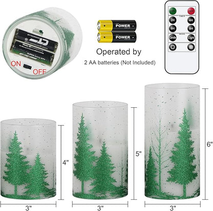 Wondise Glass Flickering Flameless Candles with Remote and Timer, Battery Operated 3D Wick LED Candles Christmas Tree for Christmas Holiday Home Decoration, Set of 3(D3 x H4,5,6 Inch)