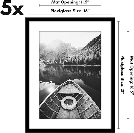 Americanflat 16x21 Picture Frame with Polished Plexiglass - Set of 5 - Use as 12x17 Frame with Mat or Display 16x21 Photo Without Mat - Galleria Collection - Picture Frames for Wall Display - Black