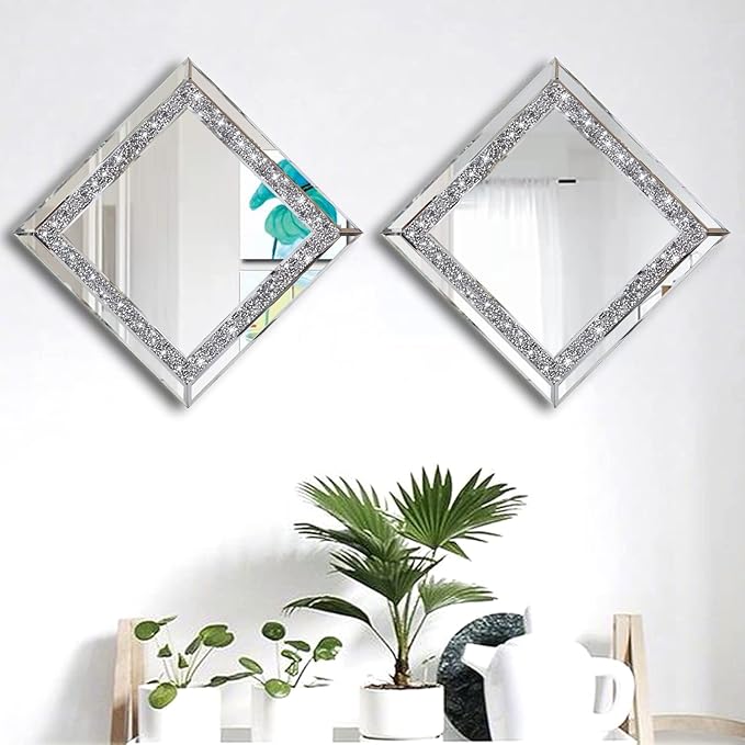 ZOLAPI 2PCS Crystal Rhinestone Diamond Wall Mirror.Brilliant Hand-Spliced Glass Mirror.Accent Decorative Mirror for Hallway/Bathroom/Bedroom（12”x12”）
