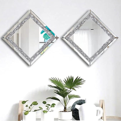 ZOLAPI 2PCS Crystal Rhinestone Diamond Wall Mirror.Brilliant Hand-Spliced Glass Mirror.Accent Decorative Mirror for Hallway/Bathroom/Bedroom（12”x12”）