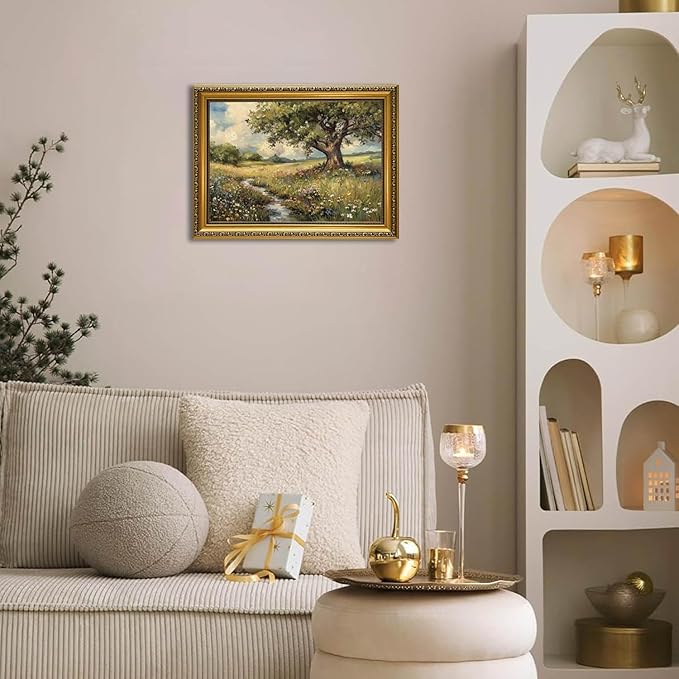 YD&YZY Gold Framed Vintage Wall Art Canvas Spring Country Landscape Wall Decor Wildflower Farmhouse Painting Rustic Nature Picture Cottagecore Print for Living Room Bedroom 12x16 inch Framed