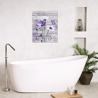 HVEST Farmhouse Floral Wall Art for Living Room, Purple and White Daisy Flower and Butterfly on Rustic Wood Board Canvas Wall Art Framed Artwork Ready to Hang for Bathroom Bedroom Decor, 16L X 12W