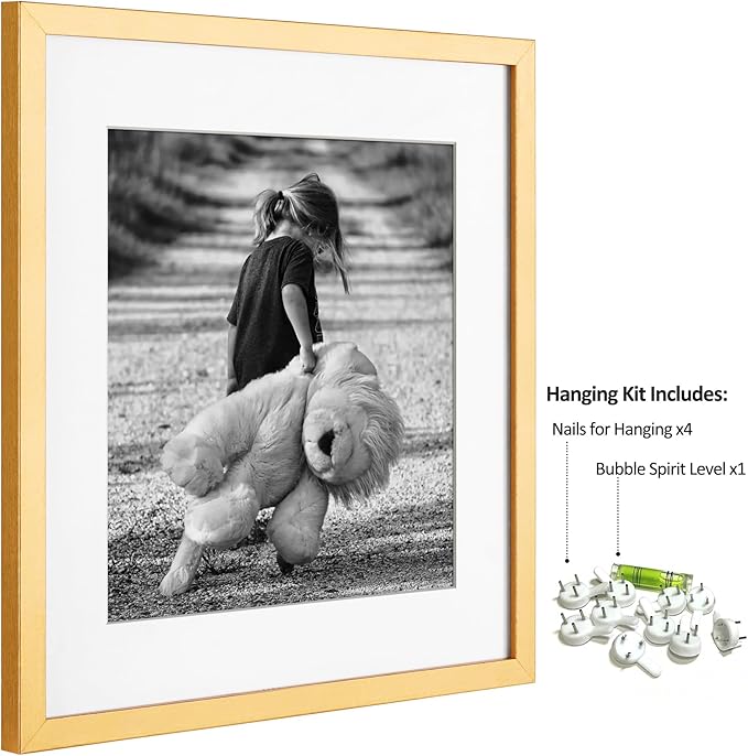 Yaetm 16x16 Gold Picture Frame Matted to 12x12, Set of 3, Thin Square Frame for Gallery Wall Display, Hanging Hardware Included (3 Pack, Gold)