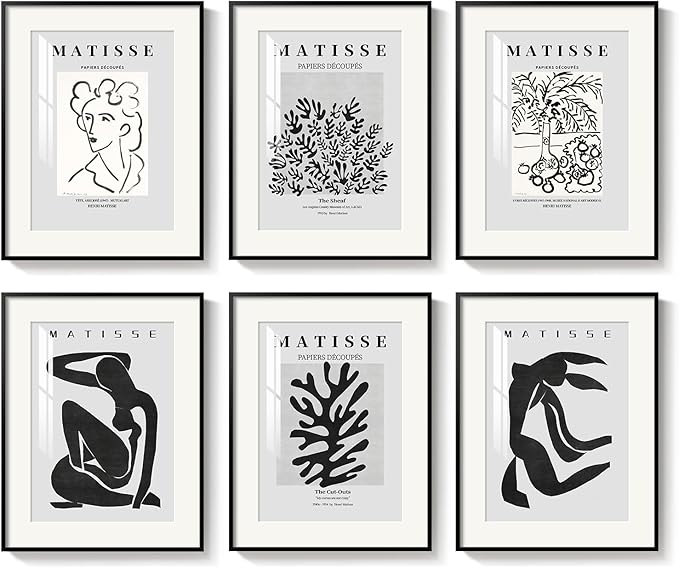 Framed Matisse Wall Art for Living Room, Set of 6 Modern Black and White Minimalist Botanical Body Line Prints for Walls, Abstract Aesthetic Pictures for Bedroom, Bathroom, Dining Room Decor, 11x14