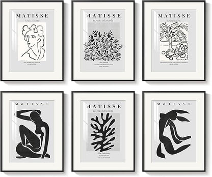 Framed Matisse Wall Art for Living Room, Set of 6 Modern Black and White Minimalist Botanical Body Line Prints for Walls, Abstract Aesthetic Pictures for Bedroom, Bathroom, Dining Room Decor, 11x14