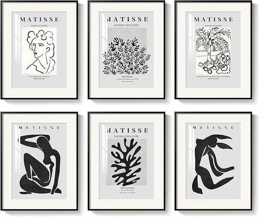 Framed Matisse Wall Art for Living Room, Set of 6 Modern Black and White Minimalist Botanical Body Line Prints for Walls, Abstract Aesthetic Pictures for Bedroom, Bathroom, Dining Room Decor, 11x14