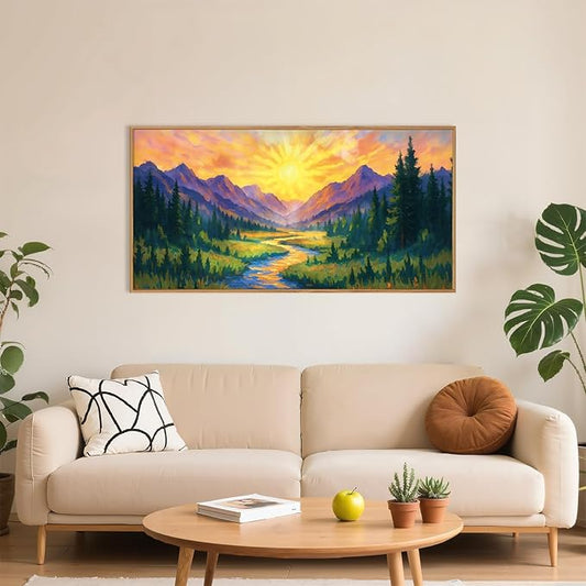 HPNIUB Boho Sunrise Mountain Framed Wall Art Set,Colorful Nature Wilderness Wall Decor,Abstract Landscape Art Print,Sunset Pine Tree Artwork for Living Room, Bedroom,Dining Room,Office-20''x40''