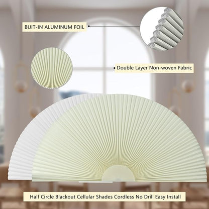 Arch Window Shade Blackout Cellular Shades Half Circle Moon Small Window Covering No Drill Honeycomb Blinds for Indoor Windows Room Darkening Easy Install Light Blocking Blinds (1, Beige, 24x12inch)