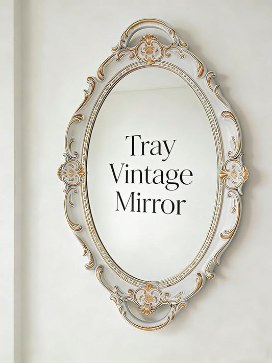 Vintage Oval Resin Wall Mirror, Wall-Mounted Decorative Mirror, Vanity Tray for Entryway, Corridor, Bedroom, Living Room Dressing Table (White Gold 15X10 Inch)