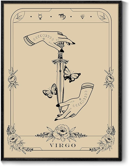 SERIMINO Witchy Framed Wall Art, Virgo Tarot Canvas Prints Paintings, Horoscope Dark Academia Home Decor Aesthetic, 16x24inch Gothic Wall Decor for Room