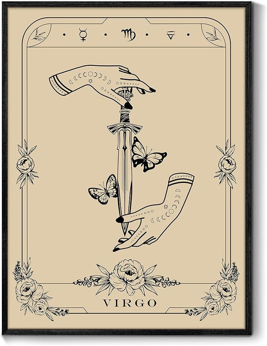 SERIMINO Witchy Framed Wall Art, Virgo Tarot Canvas Prints Paintings, Horoscope Dark Academia Home Decor Aesthetic, 16x24inch Gothic Wall Decor for Room
