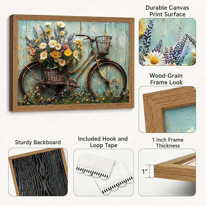 Framed Rustic Farmhouse Daisy Wall art Vintage Bicycle Flowers Painting Picture Wall Decor Flower Still Life Poster Print Artwork for Bathroom Living Room Bedroom Home Decoration