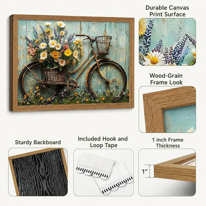 Framed Rustic Farmhouse Daisy Wall art Vintage Bicycle Flowers Painting Picture Wall Decor Flower Still Life Poster Print Artwork for Bathroom Living Room Bedroom Home Decoration