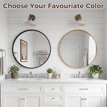 NEWBULIG 24 Inch Round Wall Mirror, Bathroom Mirror for Over Sink, Matte Metal Framed Circle Vanity Mirror, Wall Decor for Bedroom, Anti-Rust, Tempered Glass, Hanging or Leaning, Classic Gold