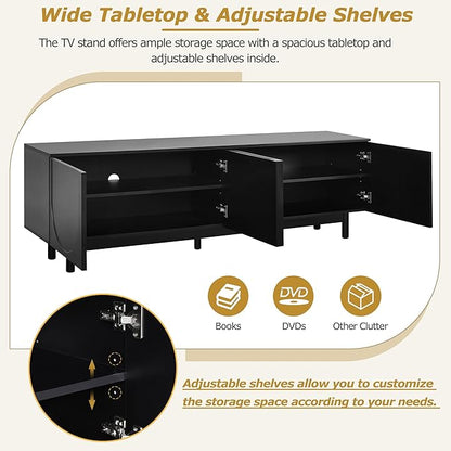 Merax Graceful TV Stand with Arch Cabinets for Televisions Up to 78'', Minimalist Entertainment Center with Solid Wood Legs and Adjustable Shelves, Practical Media Console for Living Room, Black