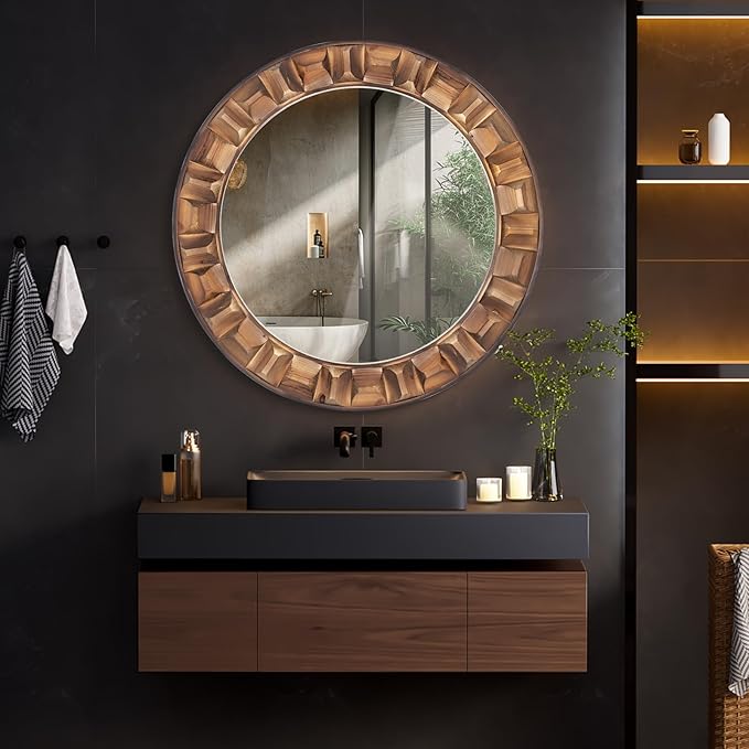 36 Inch Large Round Solid Wood Wall Mirror - Rustic Farmhouse Dark Brown Wooden Circle Mirror for Bathroom, Living Room, Entryway & Wall Decor