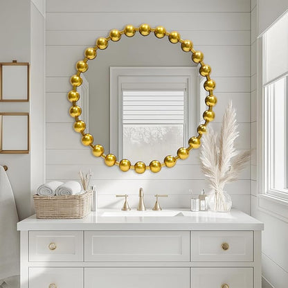 Round Gold Mirror 24'', Spherical Frame Vintage Beaded Mirror for Wall Decor Large Circle Mirror for Bathroom, Dining Roon, Bed Room, Entryway