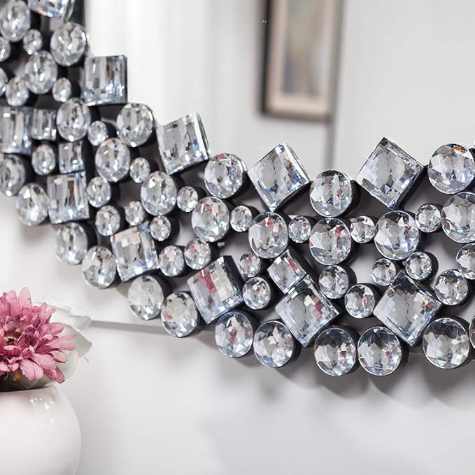 SHYFOY 35.5" Oversize Jeweled Ornate Wall Mirrors Decorative Crystal Accent Round Mirrors for Wall Home Decor, Modern Crushed Diamond Gemstone Mirror for Living Room