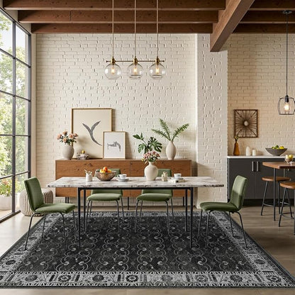 Rugxara 6x9 Washable Area Rug for Living Room, Neutral Vintage Large Boho Rugs for Office, Dining Room, Kids Room, Farmhouse, Durable Low Pile Non Slip Carpet for High Traffic Areas, Black