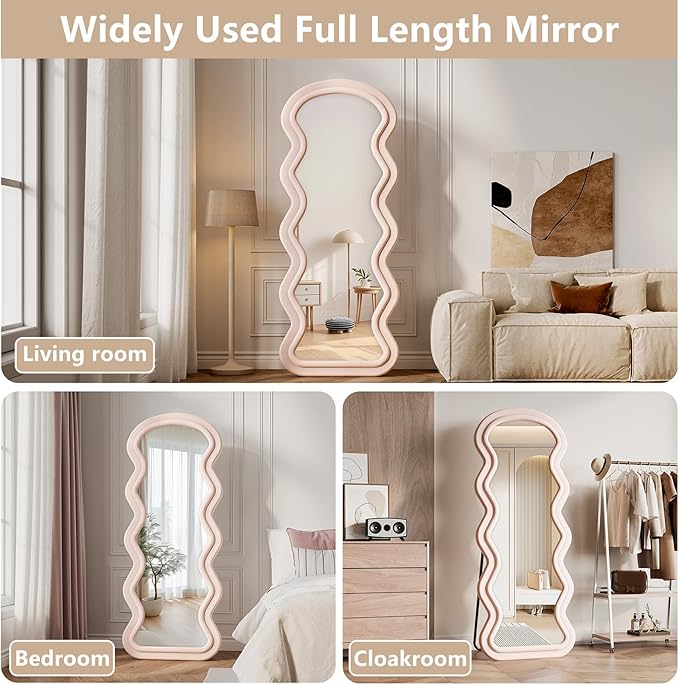 Wavy Full Length Mirror, 63"x24" Flannel Mirrors Full Length with Stand, Full Boby Mirrors for Bedroom, Living Room, Cloakroom, Hanging Leaning Wall Mirror, Pink