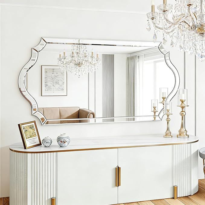 Chende Double Arch 59"x30" Frameless Beveled Decorative Wall Mirror, Elegant Large Living Room Mirror with Solid Wood Backboard, Horizontal Vertical Hanging for Entryway Bathroom Dining Room, Unique