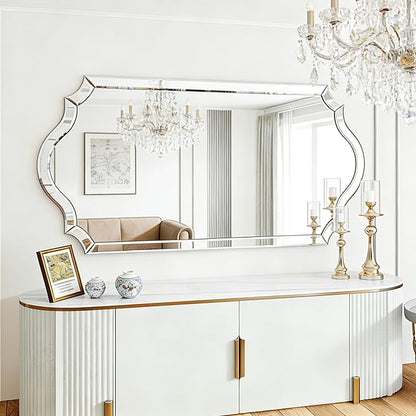 Chende Double Arch 59"x30" Frameless Beveled Decorative Wall Mirror, Elegant Large Living Room Mirror with Solid Wood Backboard, Horizontal Vertical Hanging for Entryway Bathroom Dining Room, Unique