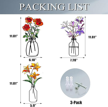 Fanjashn 3 Pcs Metal Flowers Wall Art, Floral Art Wall Decor, Minimalist Flower Wall Decor for Living Room, Bathroom, Bedroom, Kitchen and Dining Room