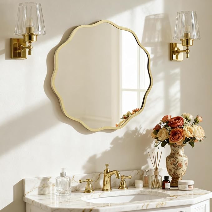 HOMECOOKIN 24" Wavy Round Wall Mirror, Gold Scalloped Circle Mirror Edge Round with Metal Frame, Modern Decorative Hanging/Leaning Mirrors for Bathroom, Hotels, Hallway, Entryway, Vanity, Office