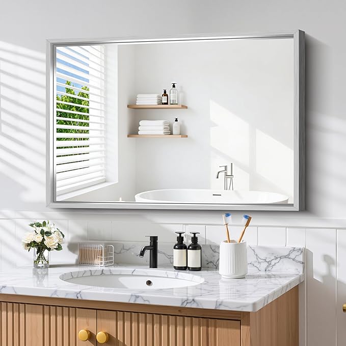 CIRCUMI 30"x42" Brushed Silver Mirror with Chunky Box Metal Frame, Bathroom Mirror for Vanity Remodel & New Home, Living Room, Entryway, Rectangular Wall Mirror, Tempered Glass, Vertical or Horizontal