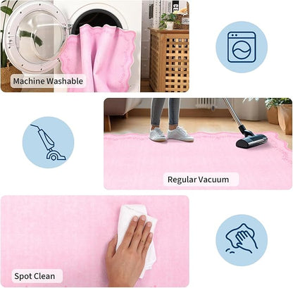 GarveeHome Scalloped Entryway Rug, 2x3 Valentines Solid Pink Washable Front Door Rug Indoor Entrance Floral Carpet Non-Slip Low Pile Throw Rugs for Kitchen, Powder Room, Entry, Bathroom, Kids Room