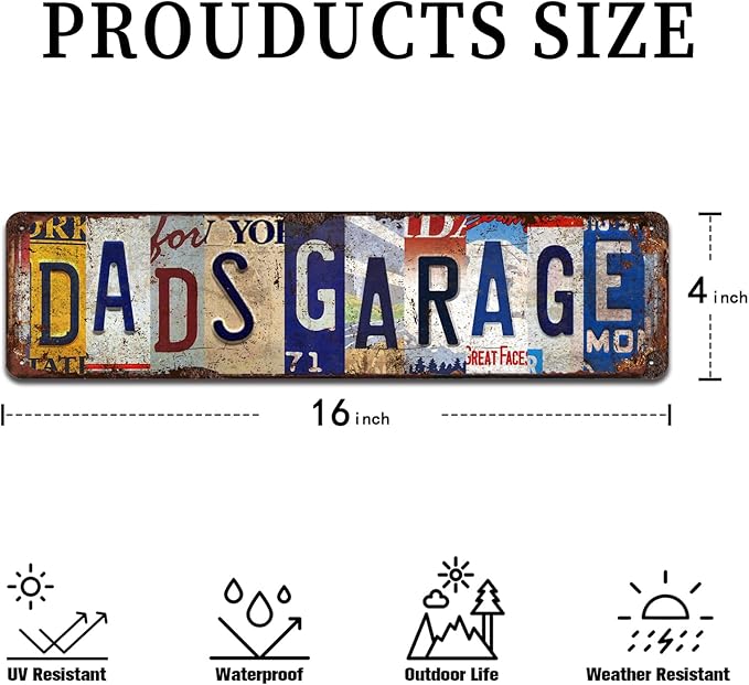Dad’s Garage Vintage Metal Tin Sign - Rustic Industrial Wall Art for Garage, Workshop, Man Cave, Tool Room Décor - 4x16 Inch