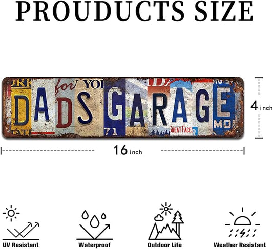 Dad’s Garage Vintage Metal Tin Sign - Rustic Industrial Wall Art for Garage, Workshop, Man Cave, Tool Room Décor - 4x16 Inch