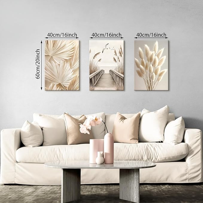3 Pcs Beige Reeds Botanical Framed Canvas Wall Art Neutral Palm Fronds Wall Paintings Quiet Beach Landscapes Art Prints Picture Home Decor for Bedroom Living Room Office Reay to Hang 16"x24"x3Pcs