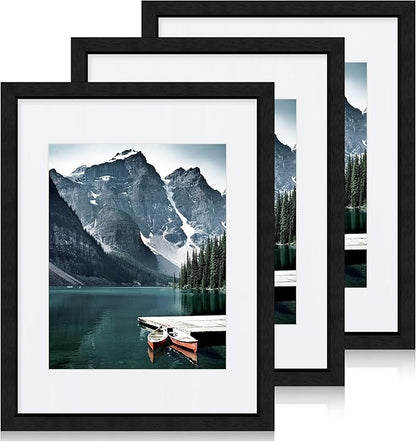 Hongkee 11x14 Picture Frames set of 3, Made of Glass and Black Wooden Photo frame - Displays 8x10 Picture with Mat or 11 x 14 Poster without Mat, Wall Collage Frame set