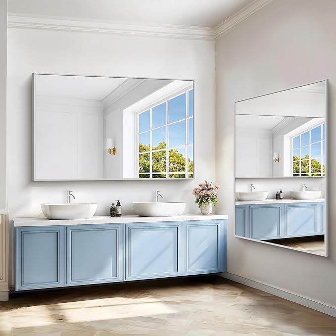 COFENY 40x60inch Silver Bathroom Mirror, Silver Rectangle Mirror with Frame, Large Rectangular Wall Mirrors for Bathroom, Living Room, Hair Salon, Big Farmhouse Mirror Hang Horizontal/Vertical