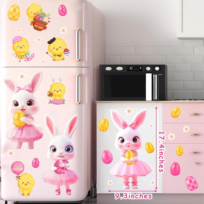 Pink Easter Window Clings Decoration Stickers for Glass Bunny Decals for Girls Bedroom Double-Side Spring Easters Eggs Cling Chick Rabbit Sticker for Living Room Kitchen Holiday Home Indoor Decor