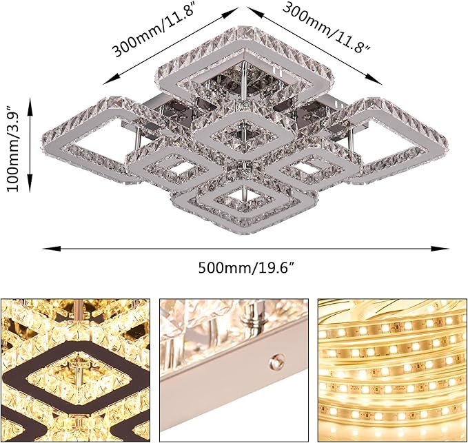 FRIXCHUR 20" Modern Ceiling Light Fixture 3000k Led Flush Mount Ceiling Light Square Crystal Chandelier for Dining Room Living Room Bedroom Hallway