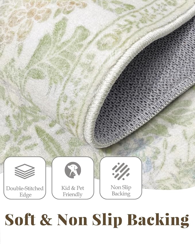Lunasun Sage Green Long Bedroom Bedside Runner Rugs, 2x6 Non Slip Boho Floral Throw Rug for Kitchen, Hallway, Indoor Entrance, Foyer, Bathroom - Farmhouse Thin Front Door Low Pile Mat